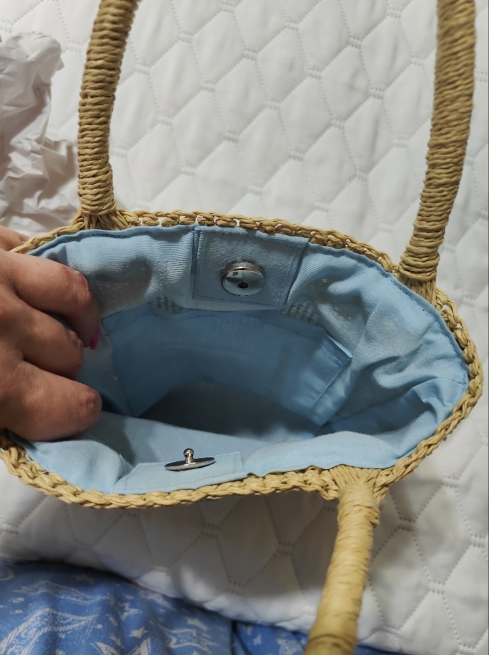 Faded Glory Straw Purse Small Summer Handbag Blue Embroidered Floral - Picture 6 of 6